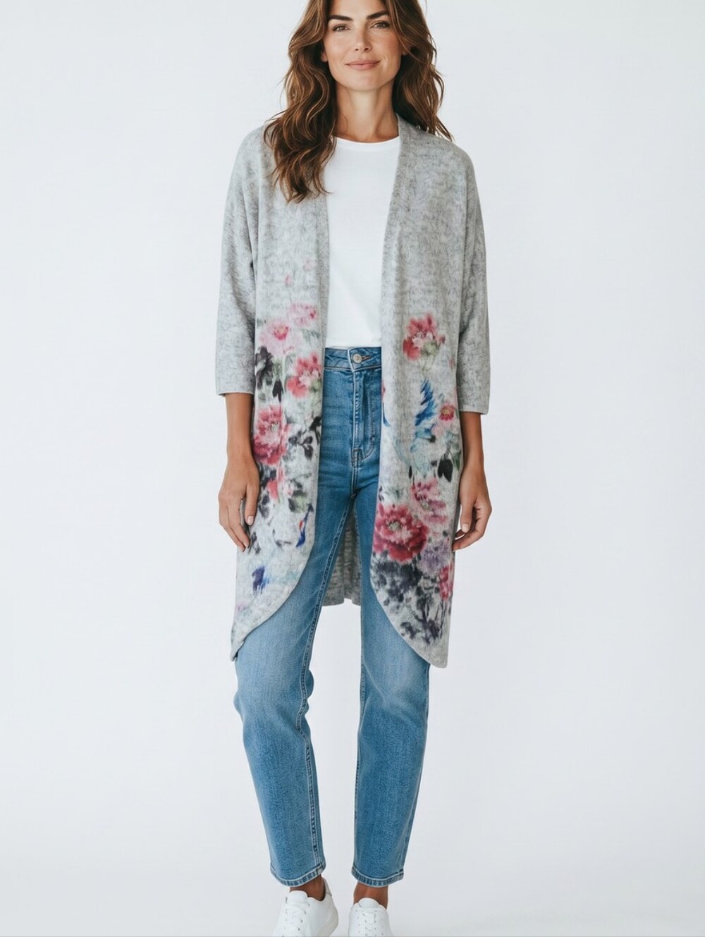 Ginger G Gray Floral Open Cardigan with Pink & Red Blooms